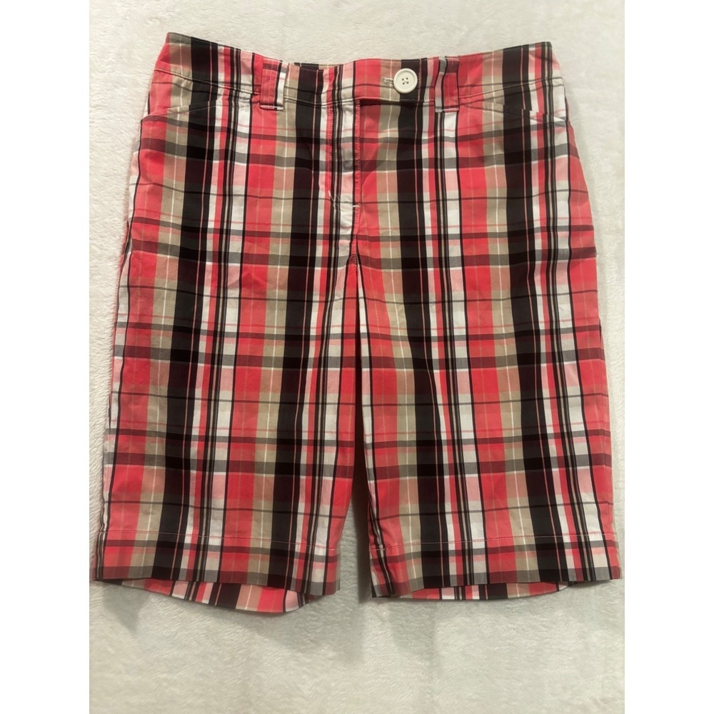 Jones New York Size 12 Women's Bermuda Shorts Coral Tan Brown Plaid Golf